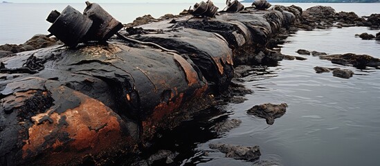 Oil spill rocks from the sinking of oil tanker MV Prestige in 2002 found 18 years later in Camarinas, Coruna, Galicia, Spain.