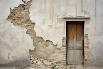 Dilapidated wall of house and old wooden door, abstract background. Generative AI - obrazy, fototapety, plakaty