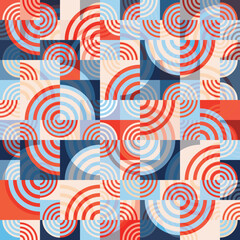 Seamless abstract geometric pattern. colorful bauhaus design of circles, and squares. Use for backgrounds, fabric design, wrapping paper, social media, and home decor.