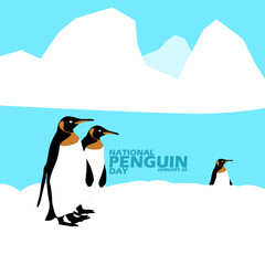 National Penguin Day event banner. Some penguins are on snow ice with sea and icebergs to commemorate on January 20th
