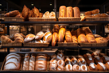Frisches Brot in der Auslage einer Bäckerei, erstellt mit generativer KI