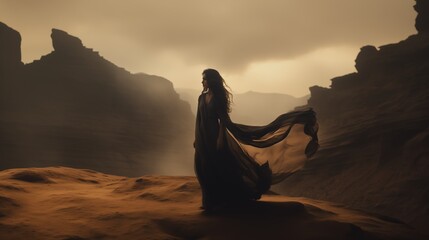a woman in a black dress with a long flowing cape - obrazy, fototapety, plakaty