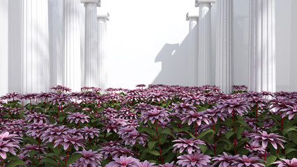 The room is full of flowers. 3D illustration, 3D rendering	