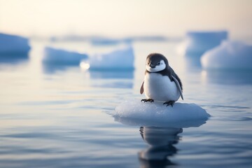 a penguin on an ice floe in the water