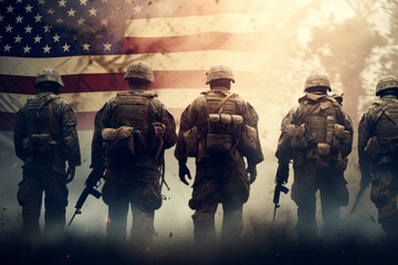 US American soldier team portrait in front of the United States of America flag background. - obrazy, fototapety, plakaty