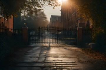 Explore the scene around the school gate in the evening. - obrazy, fototapety, plakaty