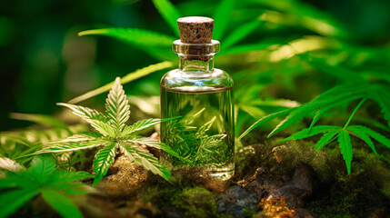 Glass bottle with hemp oil. Medicinal properties of marijuana. Close-up of cannabis extract for smoking.