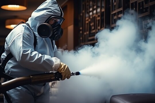 a person in a hazmat suit spraying a sofa