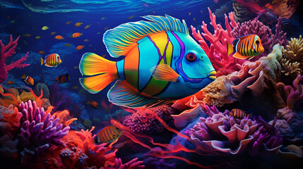 Fototapeta na wymiar Exploring wonders. Colorful aquarium world. Aquatic paradise. Exotic marine life and vibrant coral reefs. Diving into deep blue. Captivating underwater aquatic