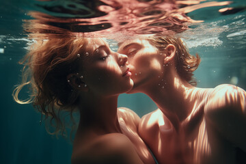 Mann und Frau küssen sich Unterwasser - obrazy, fototapety, plakaty
