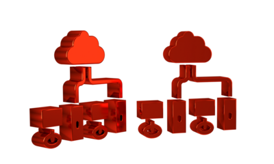 Red Computer network icon isolated on transparent background. Laptop network. Internet connection.