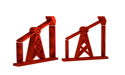 Red Oil pump or pump jack icon isolated on transparent background. Oil rig.