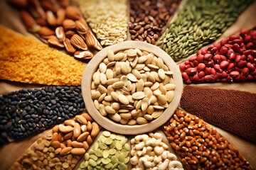 Obraz premium Assorted different types of beans and cereals grains. Set of indispensable sources of protein for a healthy lifestyle. Quality food. Healthy eating concept.