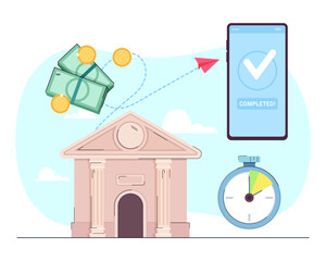 Instant bank payment vector illustration. Bank building, money, smartphone with check mark, stop watch. Online payment, mobile banking app concept