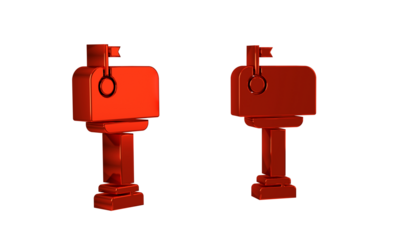 Red Mail box icon isolated on transparent background. Mailbox icon. Mail postbox on pole with flag.