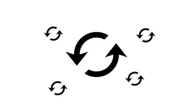 Zoom in and out animation the refresh symbol. Large black symbol in the center and four small symbols around. Seamless looped 4k animation on white background