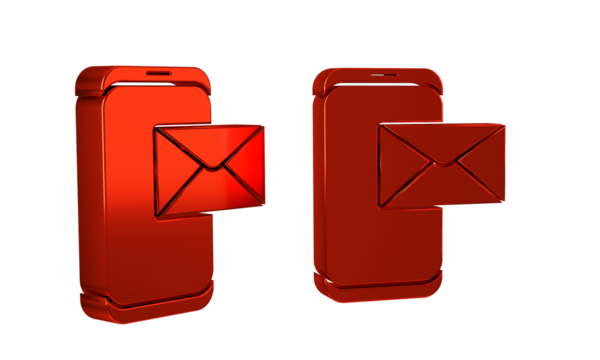 Red Mobile and envelope, new message, mail icon isolated on transparent background. Usage for e-mail newsletters, headers, blog posts.