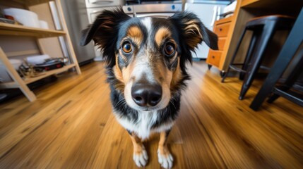 A dog sits on the kitchen floor looking at you pleadingly. Fish-eye lens. High-angle camera.