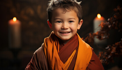 Buddhist monks. Thai or Myanmar, Cambodia Buddhist. Young Buddhist monk portrait in red and yellow orange. Indian Tibetan old monk meditation temple - obrazy, fototapety, plakaty