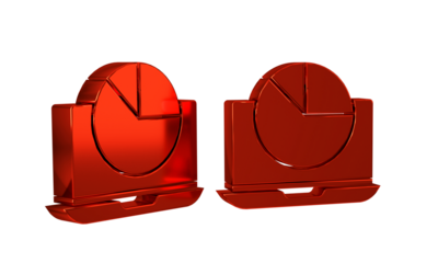 Red Laptop with graph chart icon isolated on transparent background. Report text file icon. Accounting sign. Audit, analysis, planning.