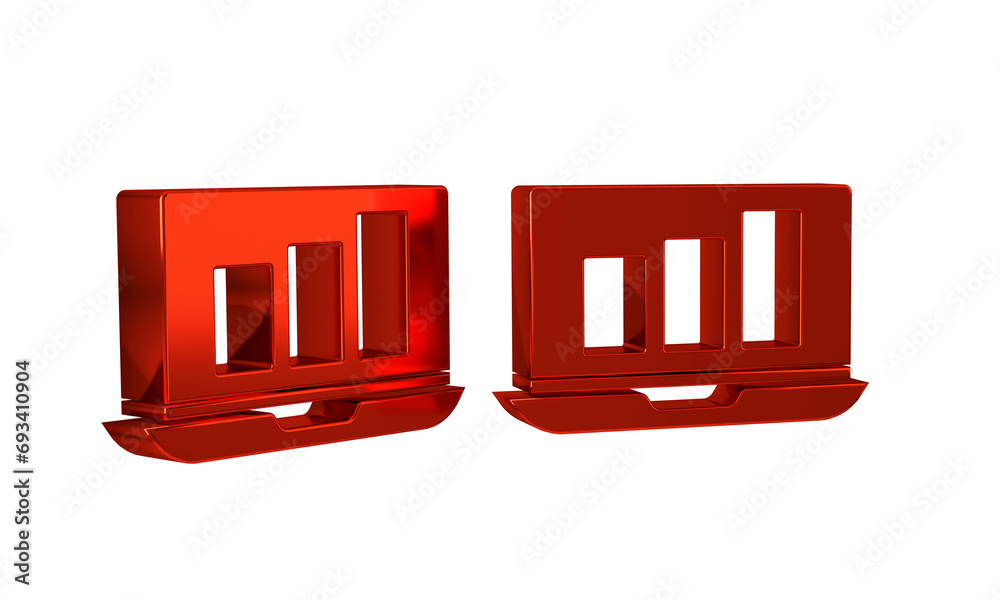 Poster red laptop with graph chart icon isolated on transparent background. report text file icon. accounti