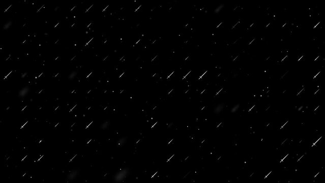 Template animation of evenly spaced sword symbols of different sizes and opacity. Animation of transparency and size. Seamless looped 4k animation on black background with stars
