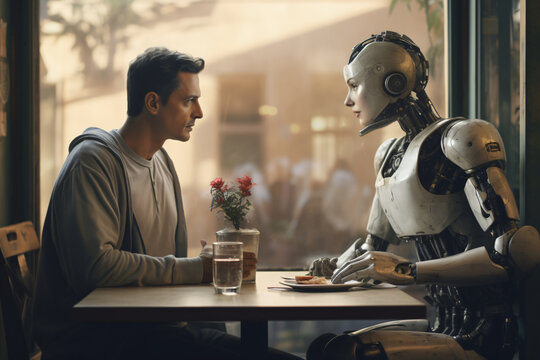 A man on a romantic date with a robot, girlfriend chatbot, romance and technology - Powered by Adobe