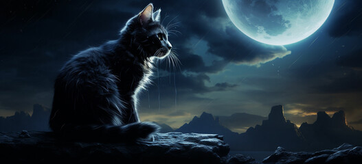 A cat sitting gracefully against a backdrop of a large full moon creating a mysterious and enchanting atmosphere
