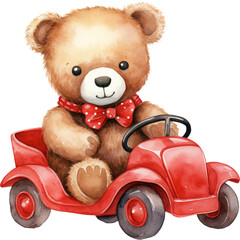 Brown bear sitting on red car, cartoon style, 2d illustration, isolated on transparent background