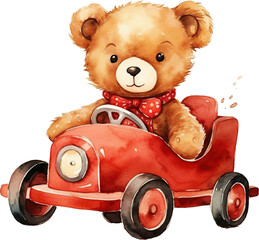 Brown bear sitting on red car, cartoon style, 2d illustration, isolated on transparent background