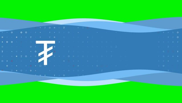 Animation of blue banner waves movement with white tugrik symbol on the left. On the background there are small white shapes. Seamless looped 4k animation on chroma key background