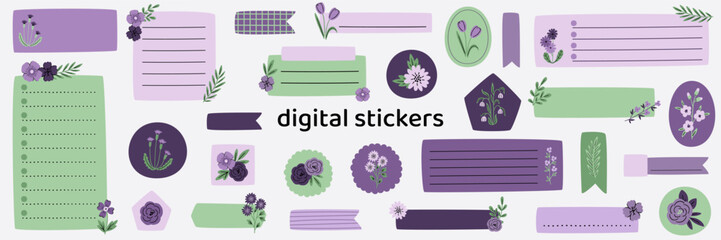 Blank floral digital stickers. Spring stickers. Digital note papers and stickers for bullet journaling or planning. Digital planner stickers. Vector art.