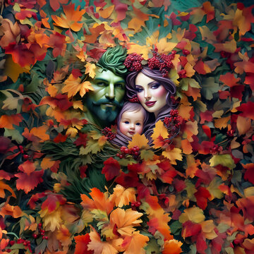 green man wife and child in an autumn scene AI generated 