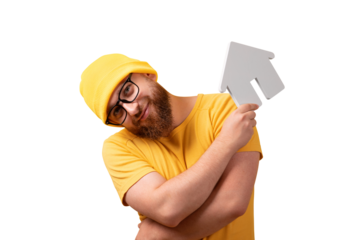 man holding house representing home ownership and the real estate business, guy isolated on a transparent background