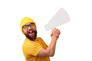 man holding megaphone isolated on a transparent background