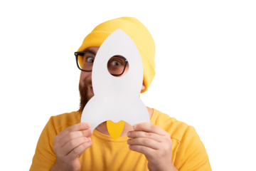 man holding rocket isolated on a transparent background, concept of successful startup