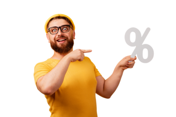 smiling man showing percentage sign isolated on a transparent background