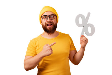 handsome man pointing at percent symbol isolated on a transparent background, concept of...