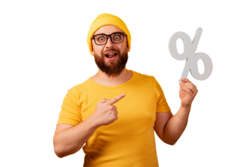handsome man pointing at percent symbol isolated on a transparent background, concept of interest-free loan