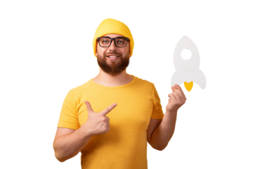 man pointing at rocket isolated on a transparent background, concept of startup