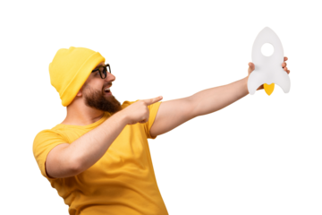 man pointing at rocket isolated on a transparent background, concept of startup