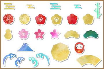 かわいい和モダンな水彩シールステッカー風ベクターイラスト素材セット。和柄アイコン、フレーム、あしらい。白背景、白バックのベクター