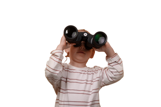 little girl looking through binoculars isolated on a transparent background