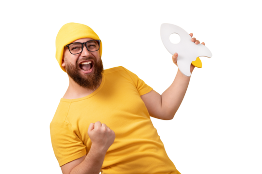 guy with rocket isolated on a transparent background man with successful startup