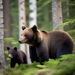 A portrait capturing the tenderness of a mother bear and her cubs in a forest3 - obrazy, fototapety, plakaty