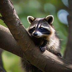 A mischievous raccoon captured in a portrait, perched atop a tree branch, gazing curiously at the viewer3