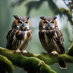 A pair of inquisitive owls perched on a moss-covered branch, watching intently, captured in a portrait3