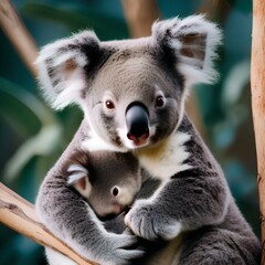 Naklejka premium A portrait of a mother koala cradling her baby in a eucalyptus tree2