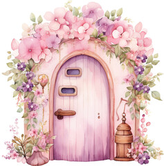 The door with a pink flower arch around it isolated on transparent background