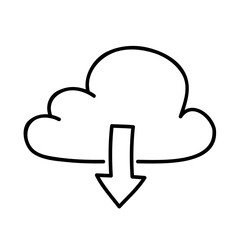 Cloud computing icon in hand-drawn style. Download files from the cloud